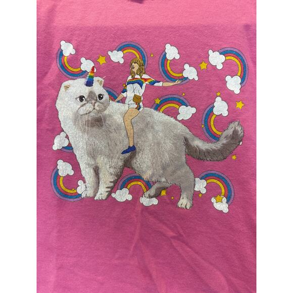 Taylor Swift Girls T-Shirt Size Small Pink Rainbow Cat Lover Graphic Tee Gildan - Picture 2 of 7
